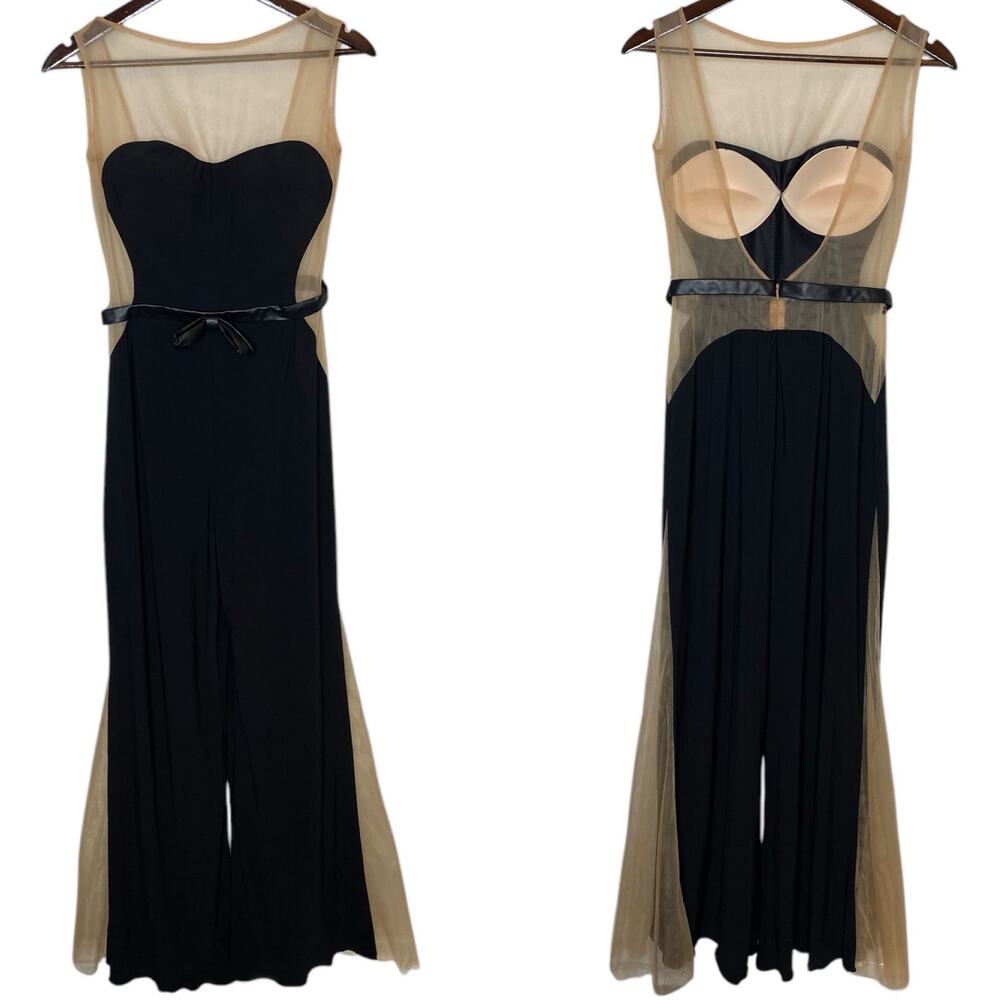 Jovani Elegant Sleeveless Jersey Illusion Wide Leg Jumpsuit Black Nude Belted, 6